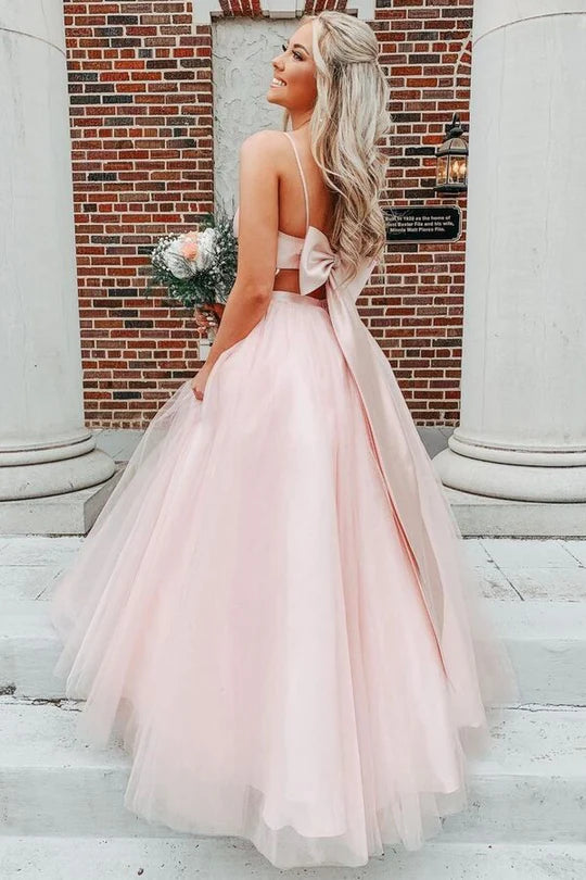 Bow Back Pink A-line Long Prom Dress