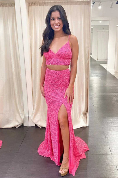 Two Piece  Sequins Long Prom Dress