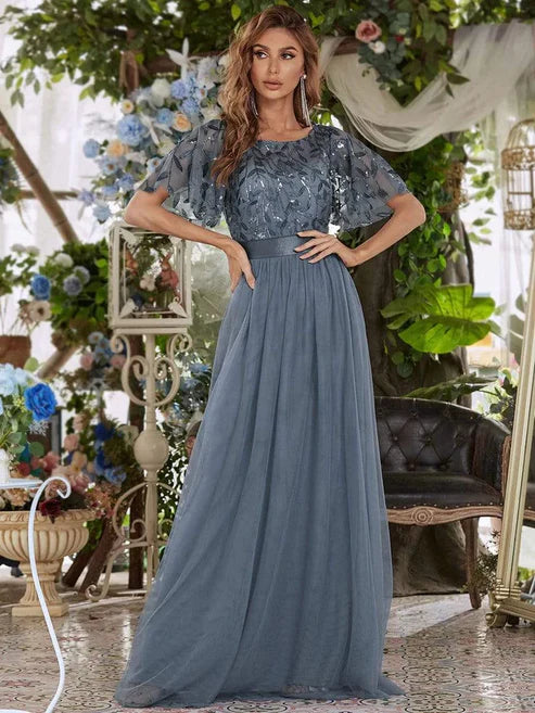 A-Line Sequin Leaf Maxi Prom Dress with Sleeves/Evening Dresses Party Dresses Wedding Guest Dresses