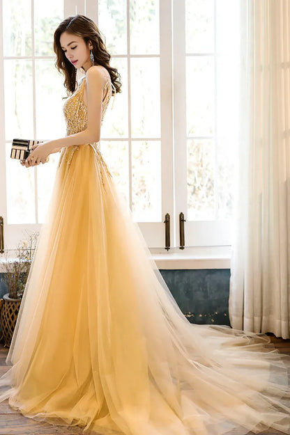 A-Line Yellow Tulle Lace Spaghetti Straps V Neck Evening Party Dress  Long Prom Dress Sweep/Brush Train Dresses