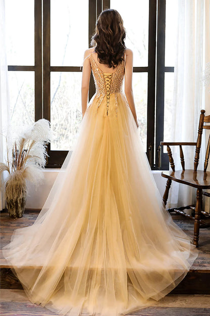A-Line Yellow Tulle Lace Spaghetti Straps V Neck Evening Party Dress  Long Prom Dress Sweep/Brush Train Dresses