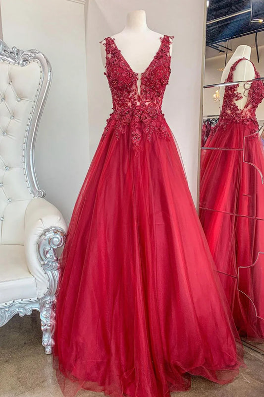 A-Line  V-Neck Tulle Lace Red Evening Party Dresses Long Prom Dresses With Appliques