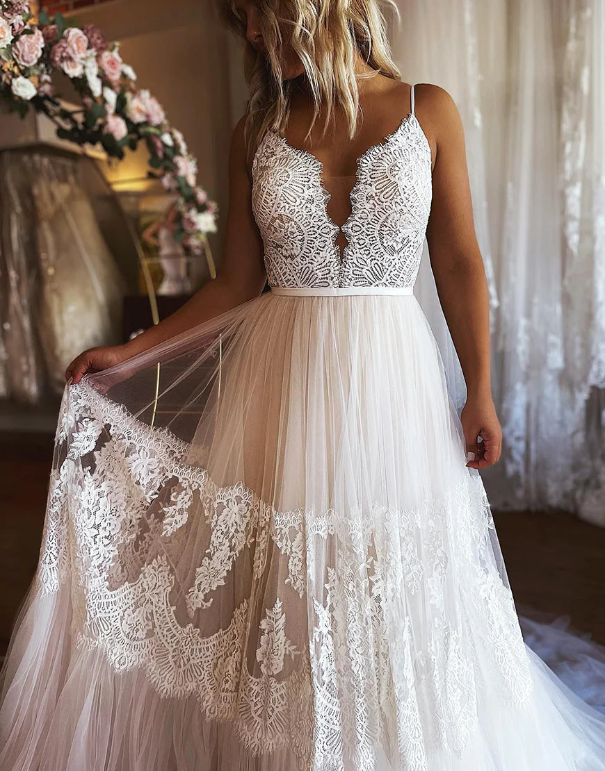Boho A-Line Tulle Wedding Dress with Lace