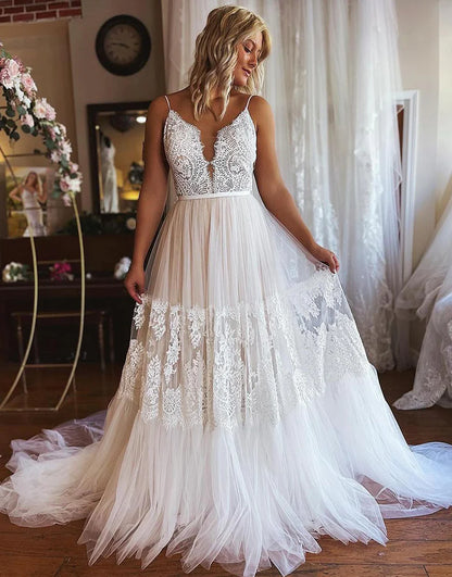 Boho A-Line Tulle Wedding Dress with Lace