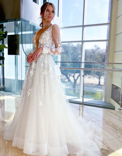 A-Line Deep V-Neck Long Sleeves Wedding Dress