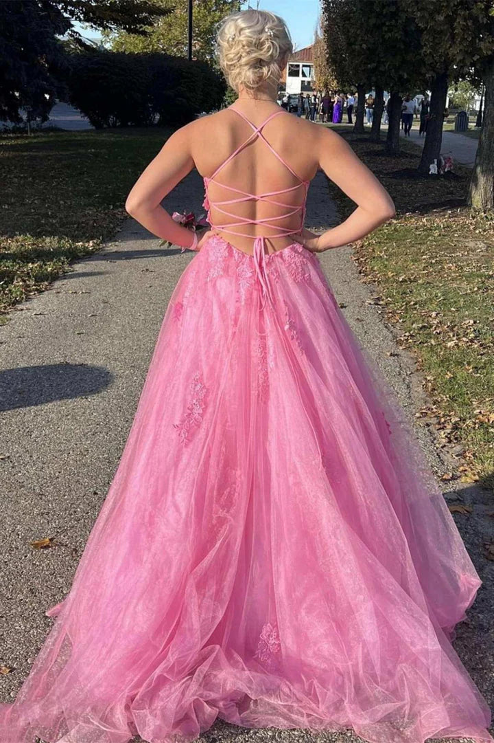 Lace Up Back  A-line Long Formal Dress