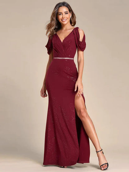 Cold Shoulder Puff Sleeve V-neck Shiny Belt Backless Glitter Evening Dress/Prom Dresses Party Dresses Wedding Guest Dresses
