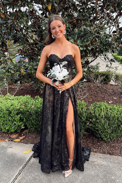 Cute Sparkly A Line Off-the-Shoulder Sweetheart Black Sequins Lace Long Prom Dresses with Slit
