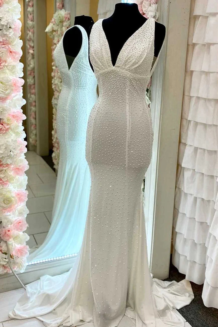 Beaded V-Neck Empire Long Formal Dress