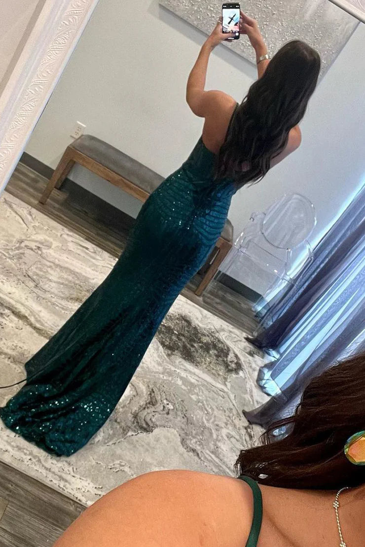 Charming Mermaid Dark Green V-Neck Spaghetti Strap Sequins Long Prom Dresses