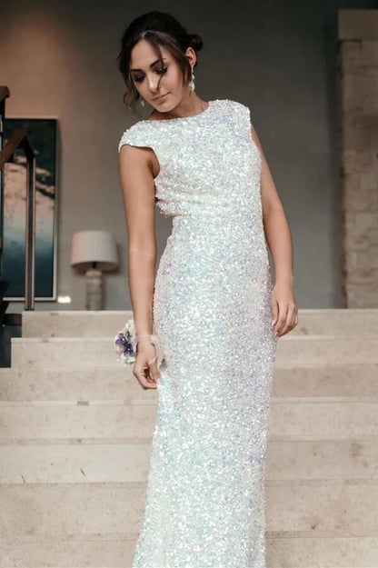 Cap Sleeves Mermaid  Sequins Long Formal Dress