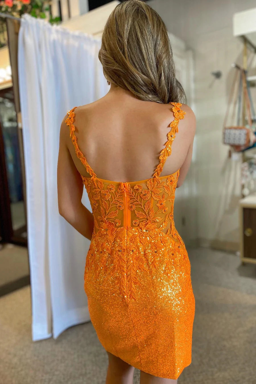 Sequin Plunge V Short Gown with Appliques