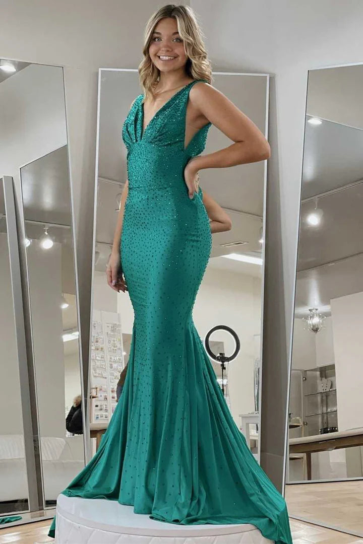 Beaded V-Neck Empire Long Formal Dress