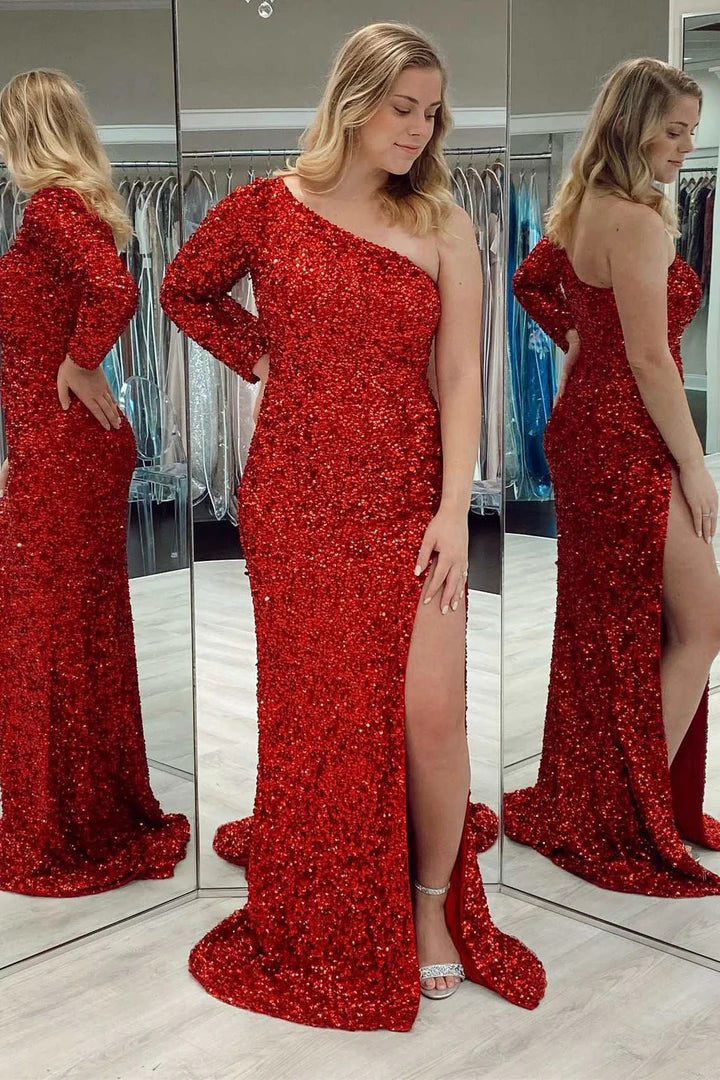 One-shoulder Long Sleeve Tiffany  Sequins Long Formal Dress