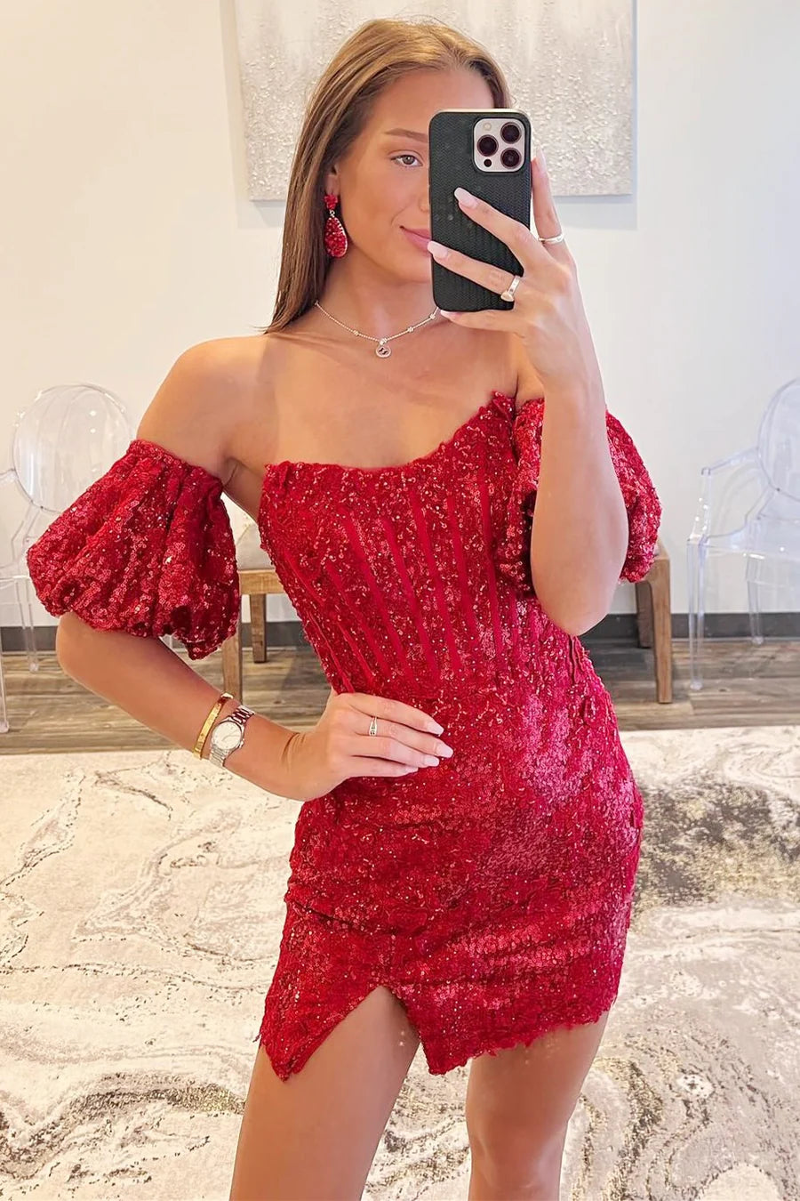 Sequin Lace Strapless Short Party Dress with Puff Sleeves