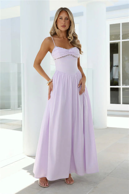 Luxury Lavender Prom Dresses with Chiffon Fabric Floral Embroidery and Low Back