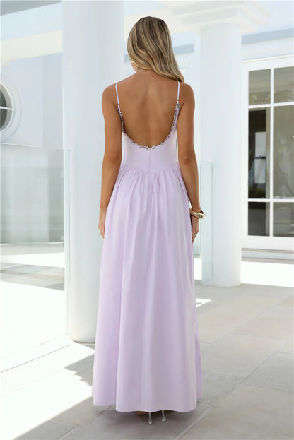 Luxury Lavender Prom Dresses with Chiffon Fabric Floral Embroidery and Low Back