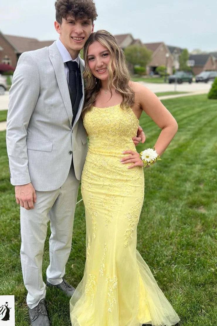 Cute Mermaid Scoop Neck Yellow Spaghetti Strap Tulle Long Prom Dresses with Appliques