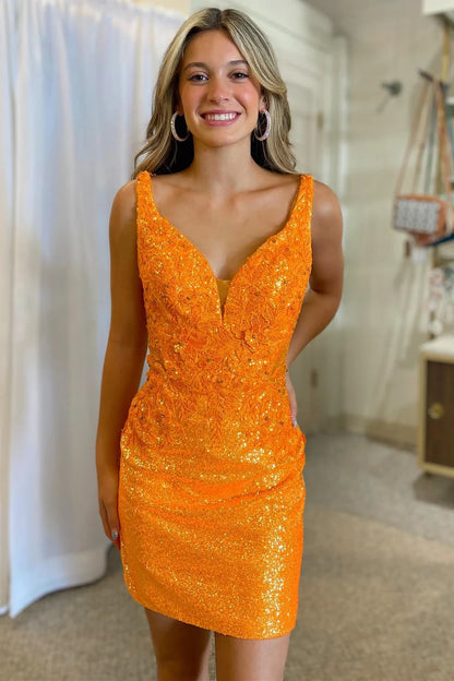 Sequin Plunge V Short Gown with Appliques
