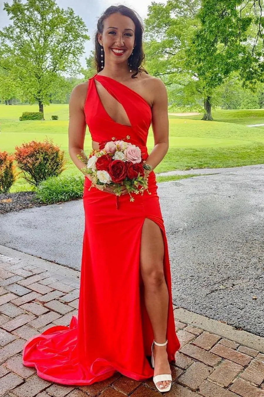One-Shoulder  Keyhole Mermaid Long Prom Dress with Slit
