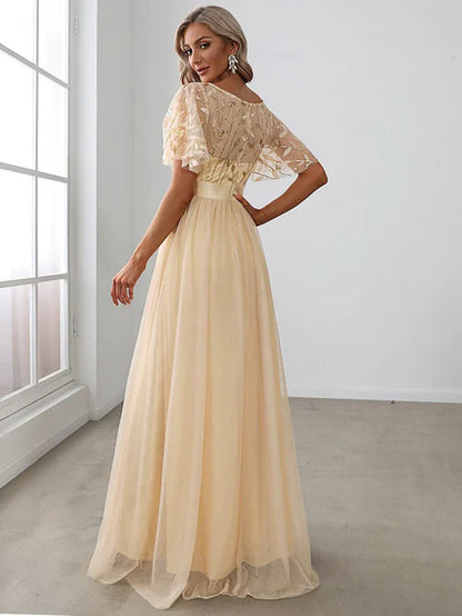 A-Line Sequin Leaf Maxi Prom Dress with Sleeves/Evening Dresses Party Dresses Wedding Guest Dresses