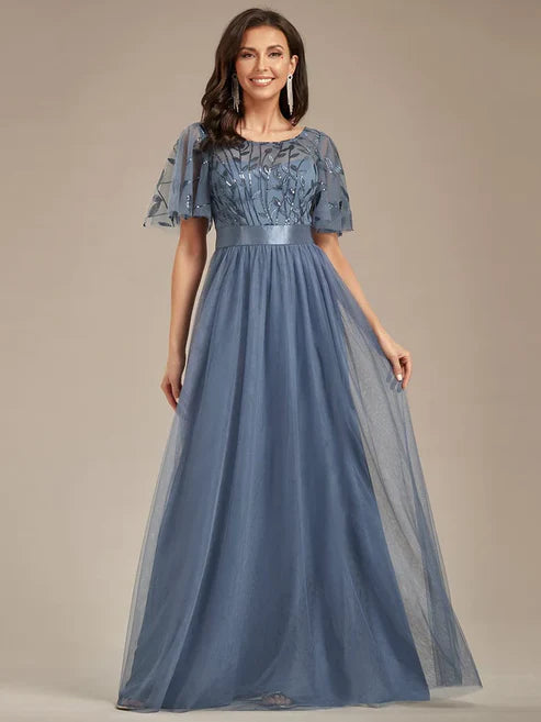 A-Line Sequin Leaf Maxi Prom Dress with Sleeves/Evening Dresses Party Dresses Wedding Guest Dresses