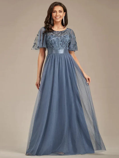 A-Line Sequin Leaf Maxi Prom Dress with Sleeves/Evening Dresses Party Dresses Wedding Guest Dresses