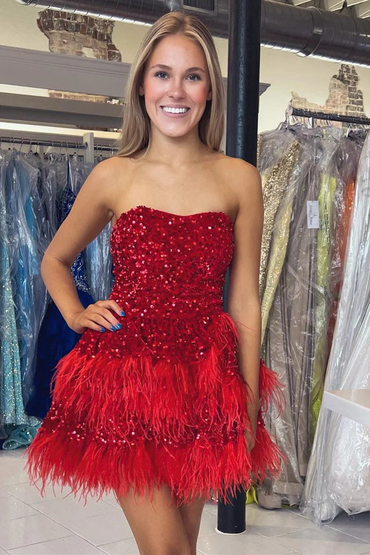 Sequin Strapless Feathers A-Line Short Formal Dress