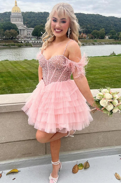 Beaded Cold-Shoulder Ruffle Tiered Short Formal Dress
