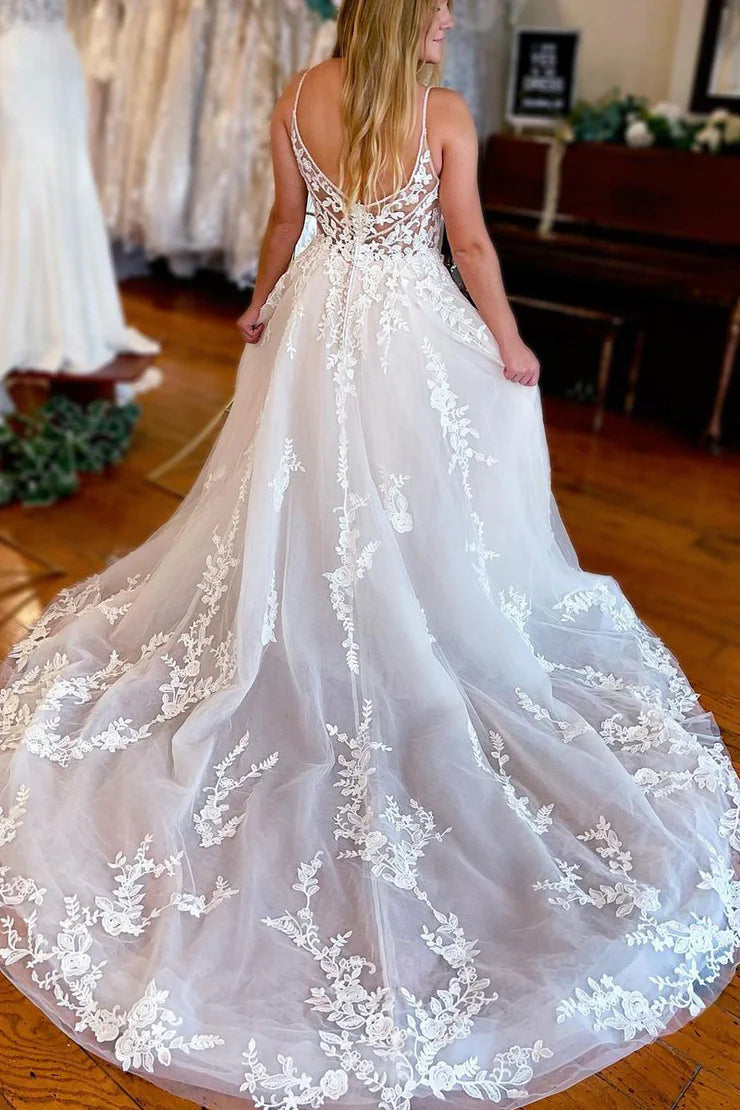 Charming A Line V Neck Spaghetti Strap White Tulle Long Wedding Dresses with Lace