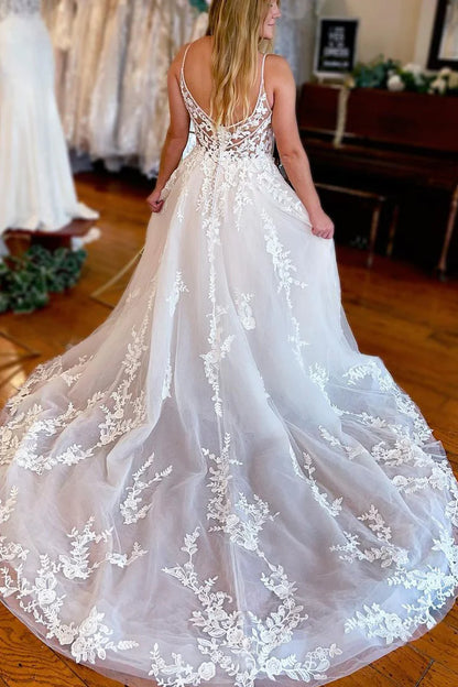 Charming A Line V Neck Spaghetti Strap White Tulle Long Wedding Dresses with Lace