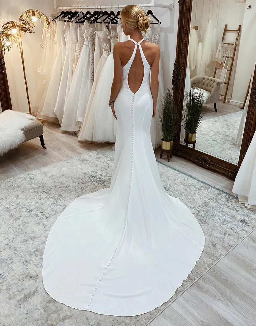 Halter Open Back Long Wedding Dress