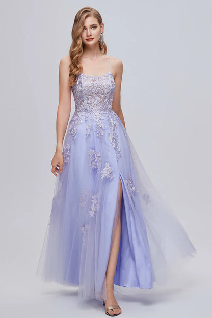Appliques Lace-Up A-Line Long Prom Dress with Slit
