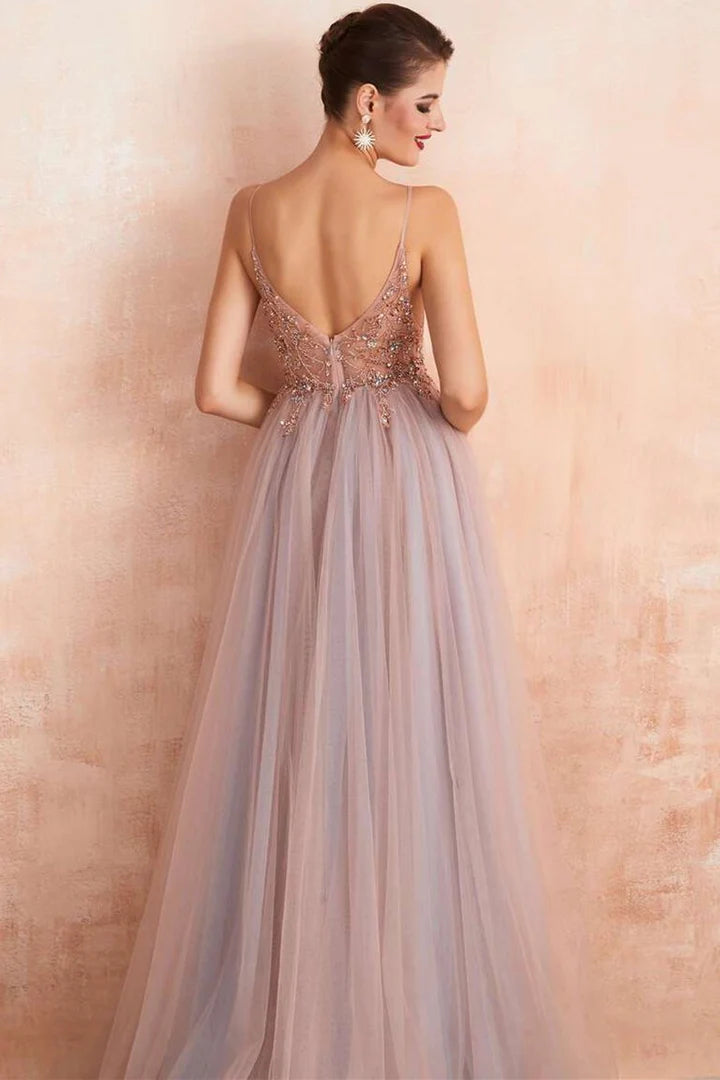 Tulle Beaded High Side Silt Prom Dress