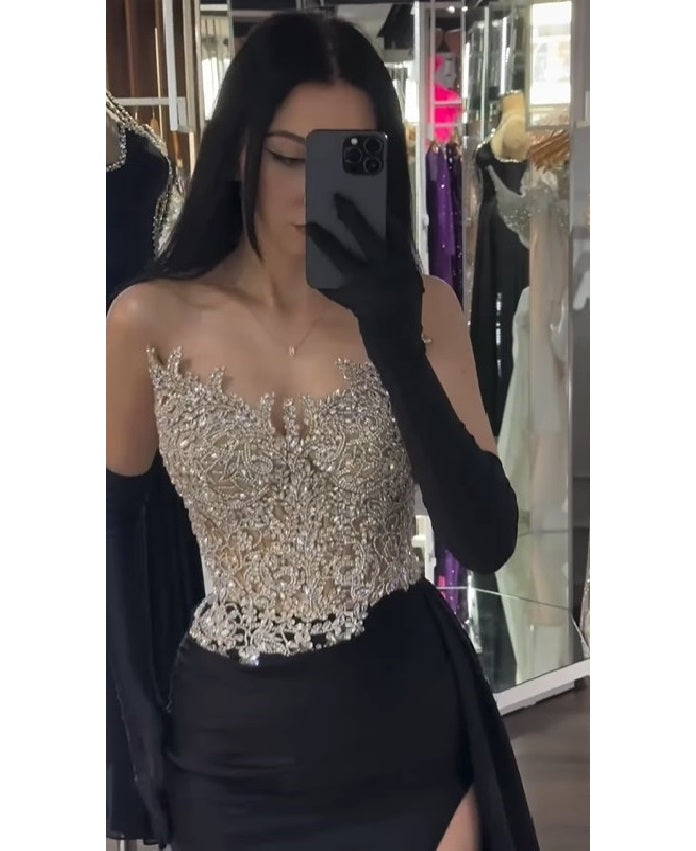Sheath Glitter Sparking  Beaded Evening Dress  Sweep/Brush Train Prom Dress With Slit