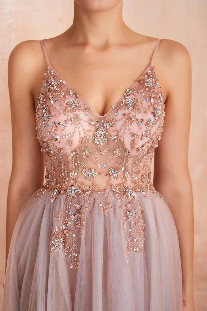 Tulle Beaded High Side Silt Prom Dress