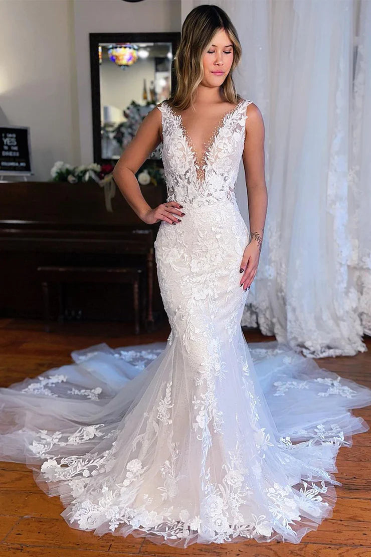 Elegant Mermaid Deep V Neck Backless Lace Mopping The Floor Wedding Dresses with Beading