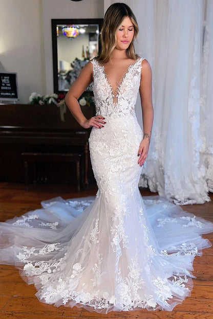 Elegant Mermaid Deep V Neck Backless Lace Mopping The Floor Wedding Dresses with Beading