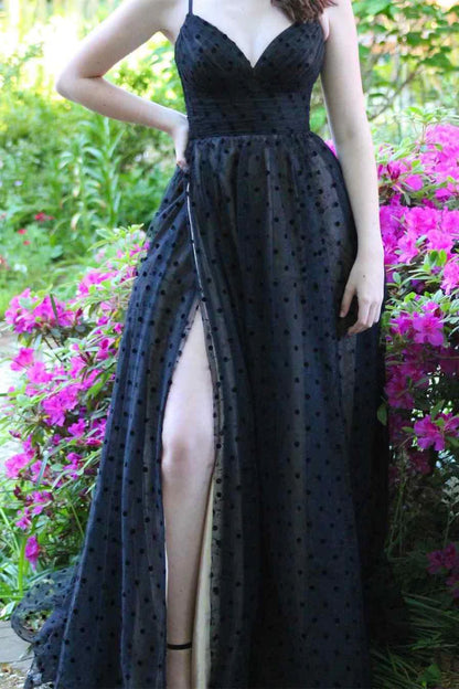 A-line V-Neck Spaghetti Strap Split Fork Tulle Long Formal Dress