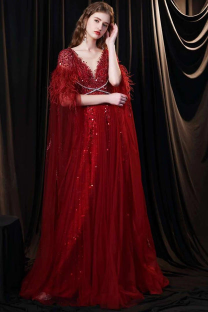 A-line Tulle V-neck Prom Gown with Feather Cape