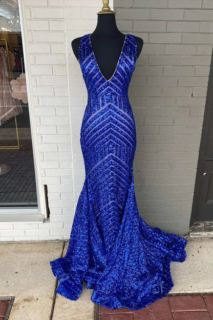 Plunge V  Sequins Mermaid Long Evening Dress