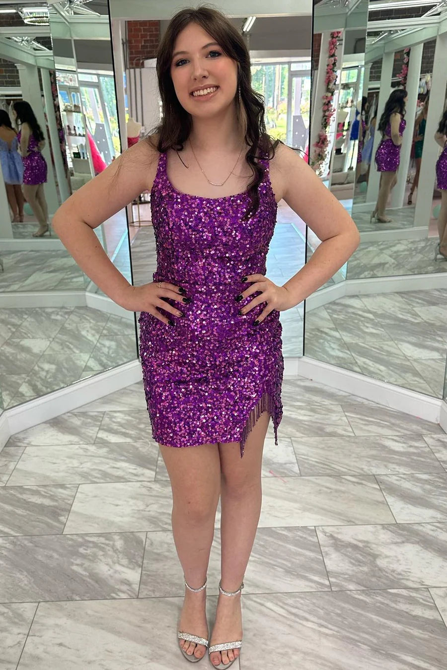 Sequin Scoop Neck Short Dress with Tassels