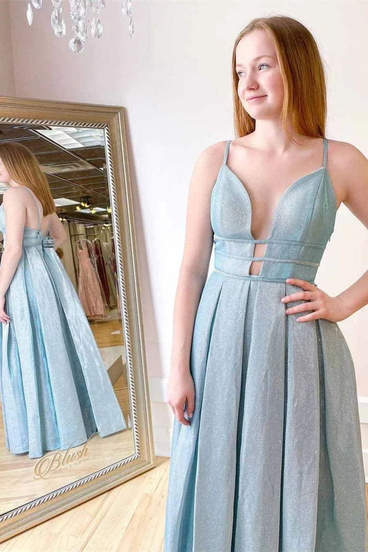 V-Neck Backless Pleated A-Line Prom Dress