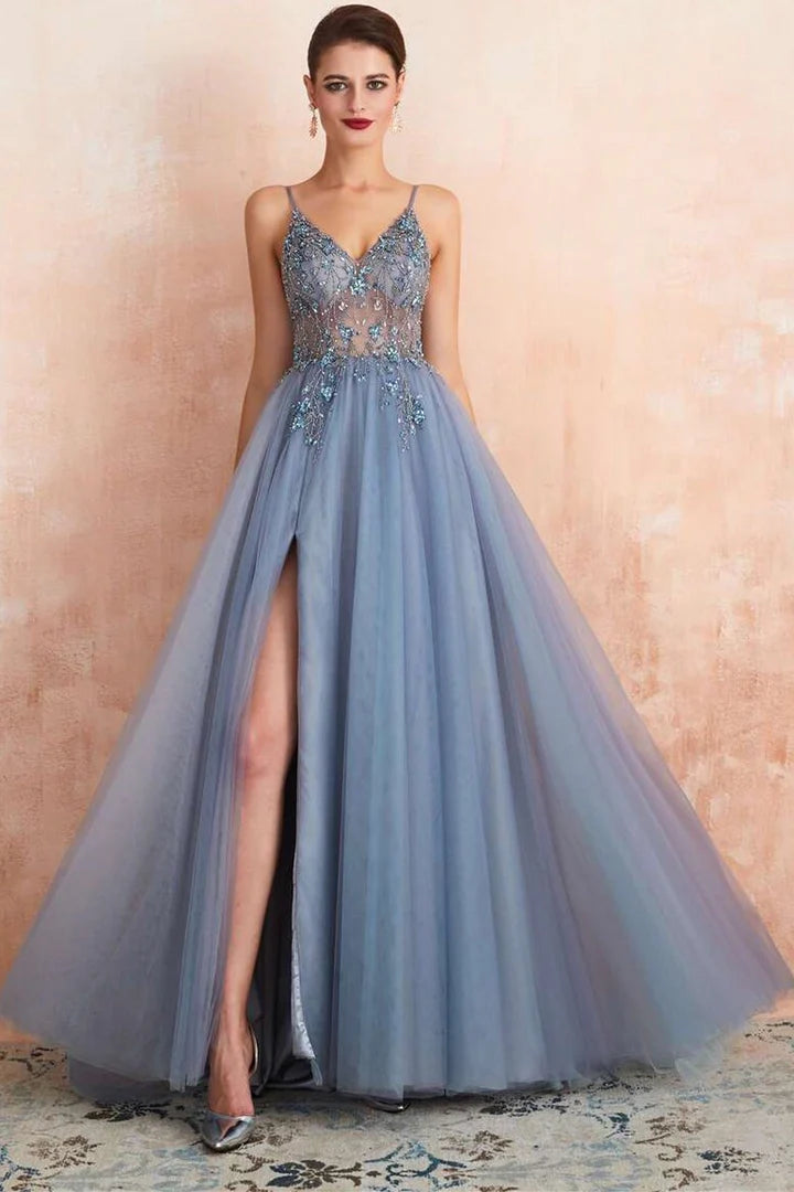 Tulle Beaded High Side Silt Prom Dress