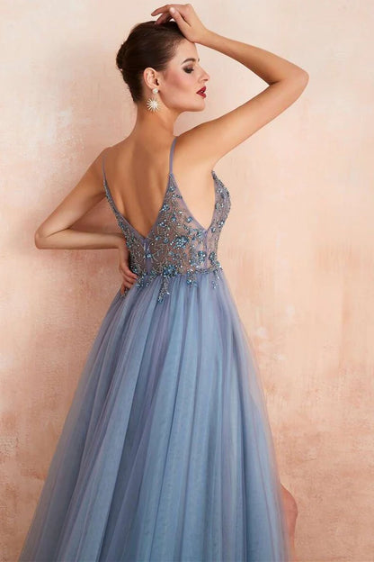 Tulle Beaded High Side Silt Prom Dress