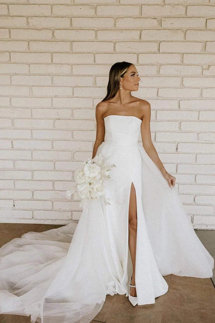 Elegant Ball Gown Strapless Off-the-Shoulder Satin Wedding Dresses with Beading