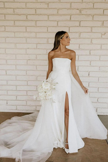 Elegant Ball Gown Strapless Off-the-Shoulder Satin Wedding Dresses with Beading