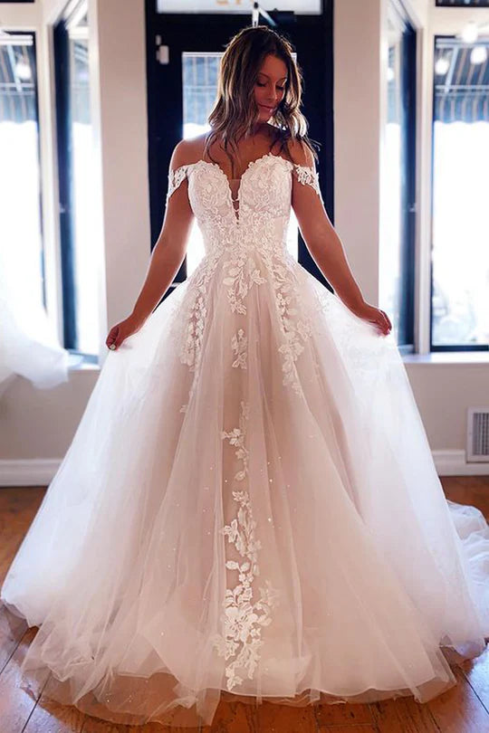 Ball Gown Off the Shoulder V-Neck Tulle Wedding Dresses with Appliques