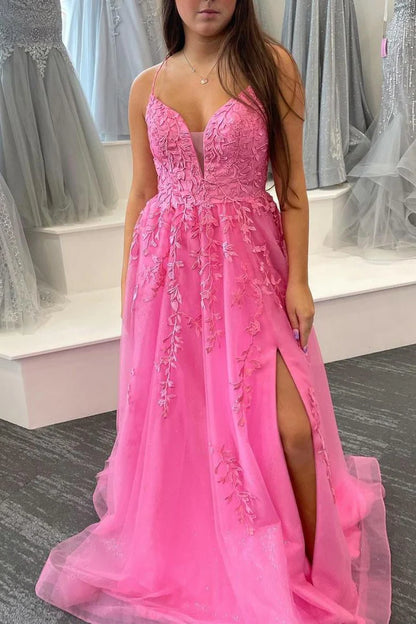 A-Line  Lace Long Formal Dress with Lace-Up Back