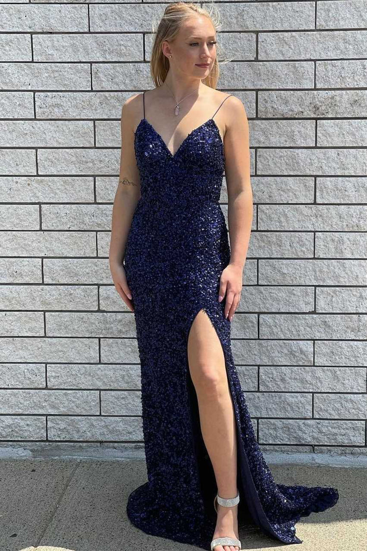 Sequins Mermaid Slit Long Prom Dress